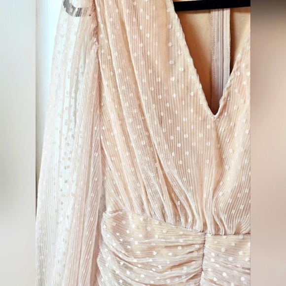 NEW Endless Rose Anthropologie Sheer Nude Pink Ruched Mini Dress Swiss Polka Dot - Picture 9 of 16